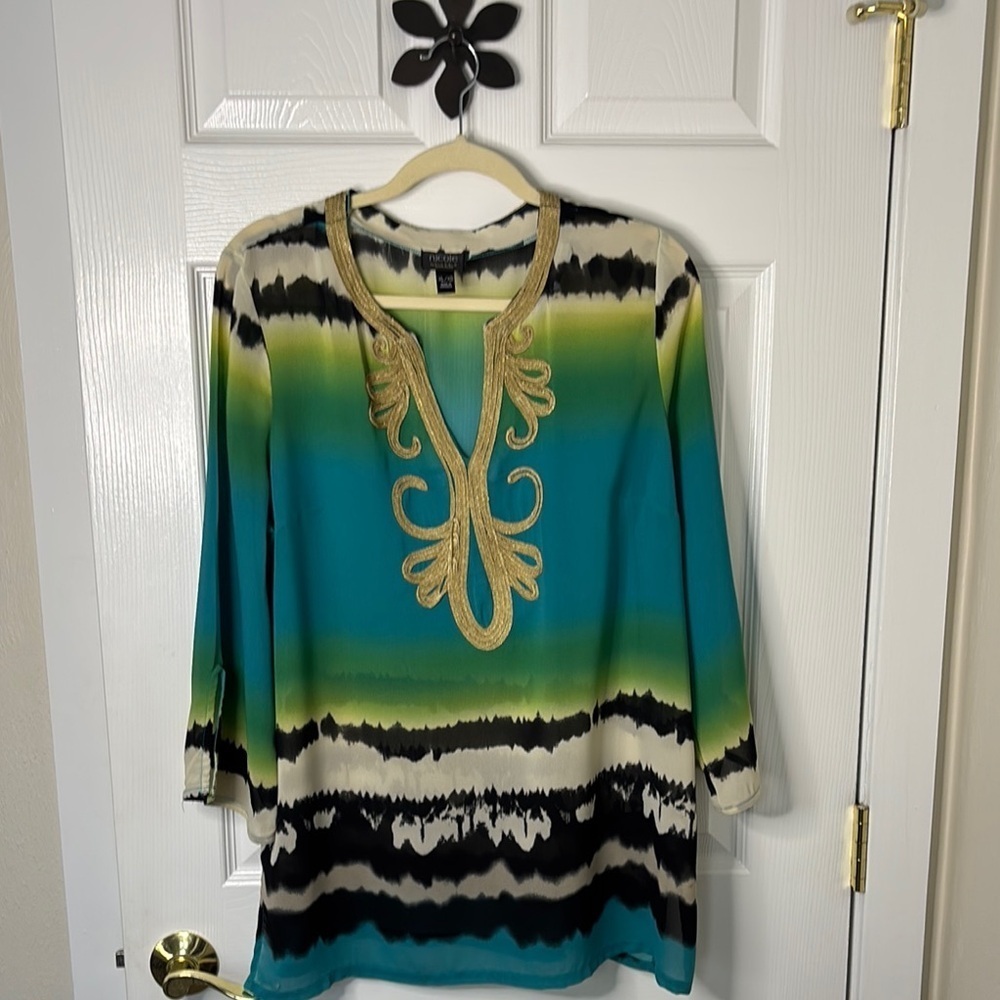 Nicole by Nicole Miller Chic Multicolor Tunic Top Gold Metallic Trim size XL
